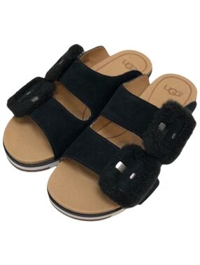 UGG Suede 2 Strap Slide On Sandals Fuzzy Buckle Women's Size 7 Black